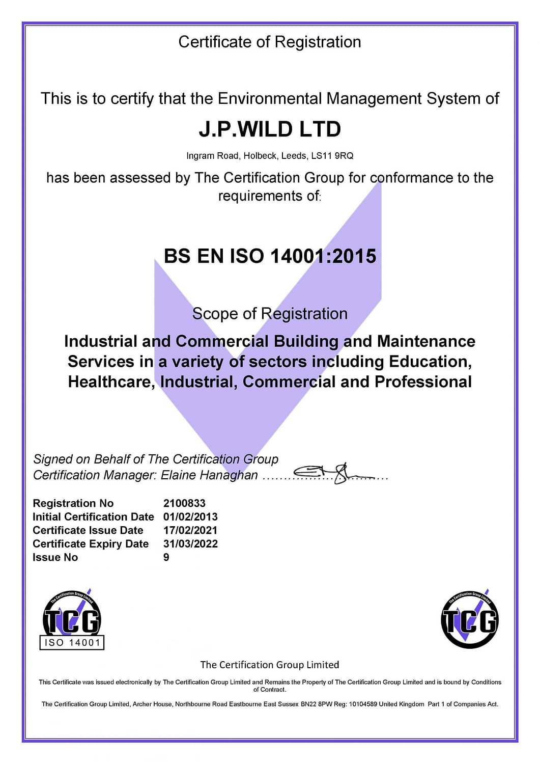 ISO 14001 2015 Certificate - J.P.WILD LTD (17022021)