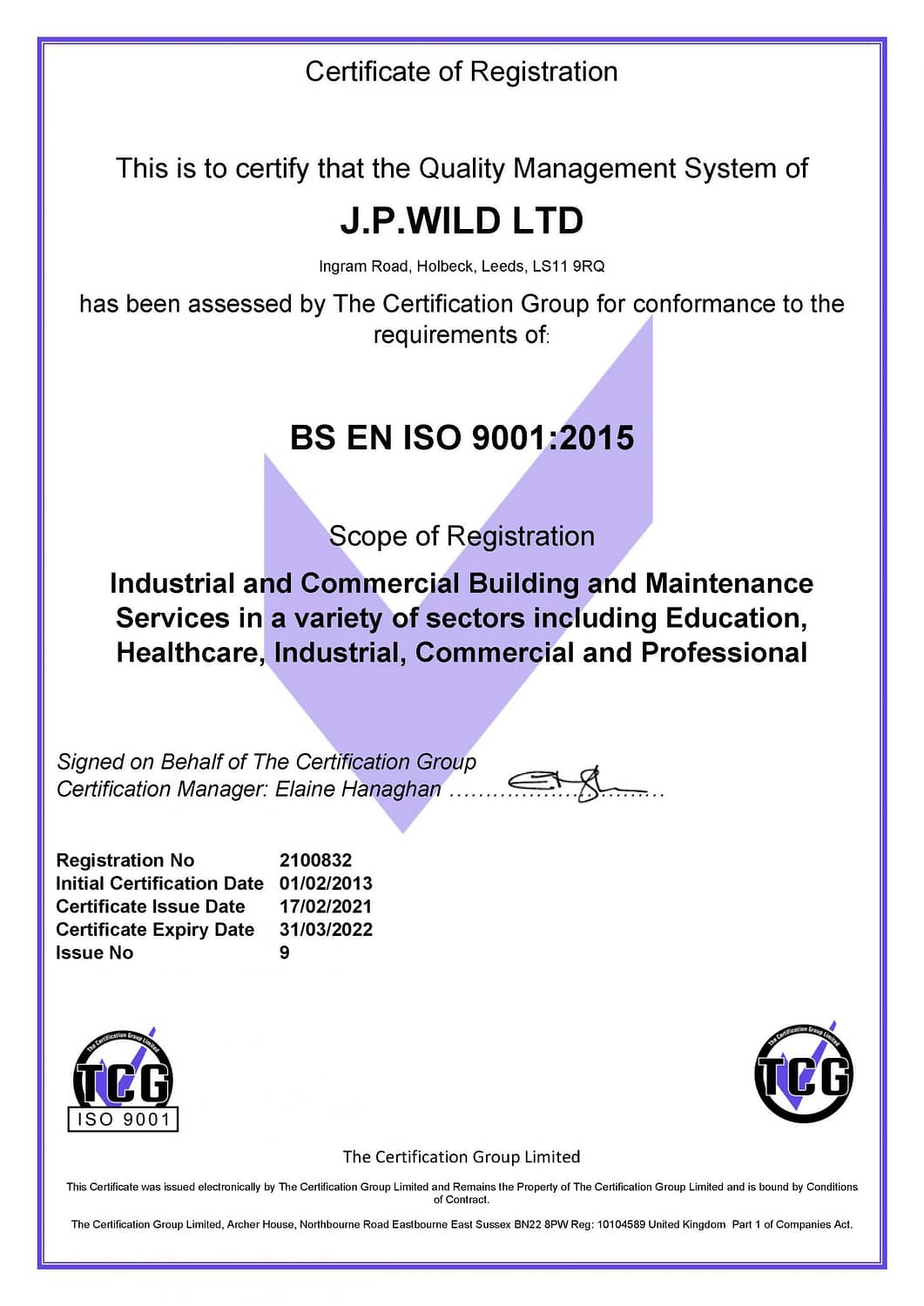 ISO 9001 2015 Certificate - J.P.WILD LTD (17022021)